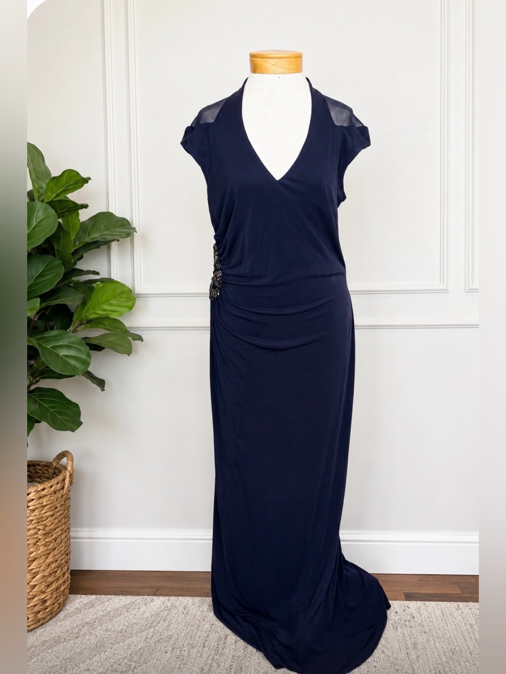 David Meister Navy Beaded Evening Gown – Size 14 – Like New – Made in USA
